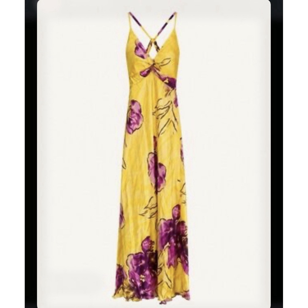 Vintage Cache Yellow Satin Halter Evening Formal Gown Floral Size 2 USA